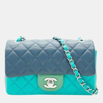 Navy Blue/Green Leather Mini Rectangular Flap Shoulder Bag