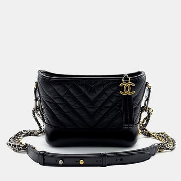 Black Leather Chevron Gabrielle Small Hobo Bag