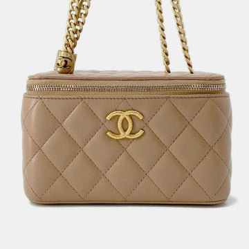Beige Lambskin Matelasse WChain Vanity Case
