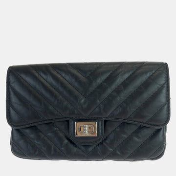 Black Lambskin Leather Chevron Turn Lock Flap Shoulder Bag