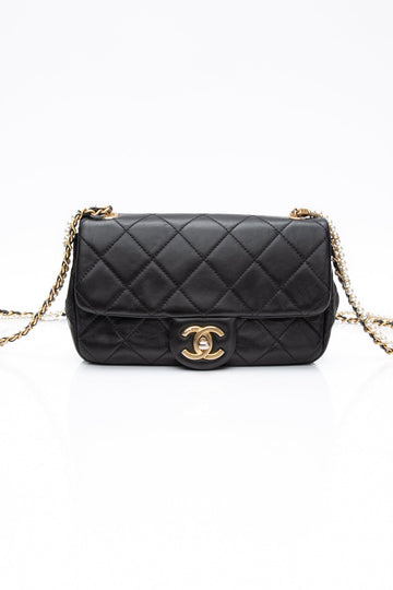 CHANEL Small Black Crystal Pearls Chain Lambskin Quilted Flap Bag