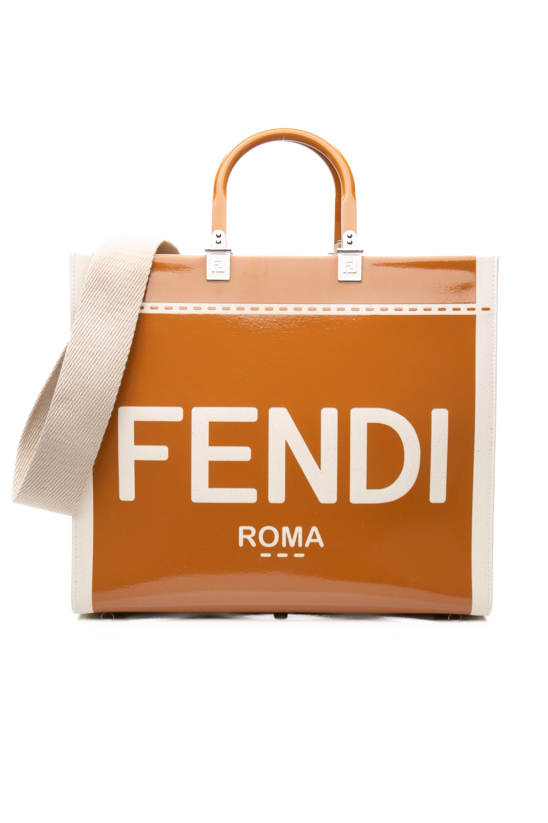 FENDI Signature Sunshine Ecru Canvas and Light Brown Patent Leather Medium Shopper Tote Bag (New)