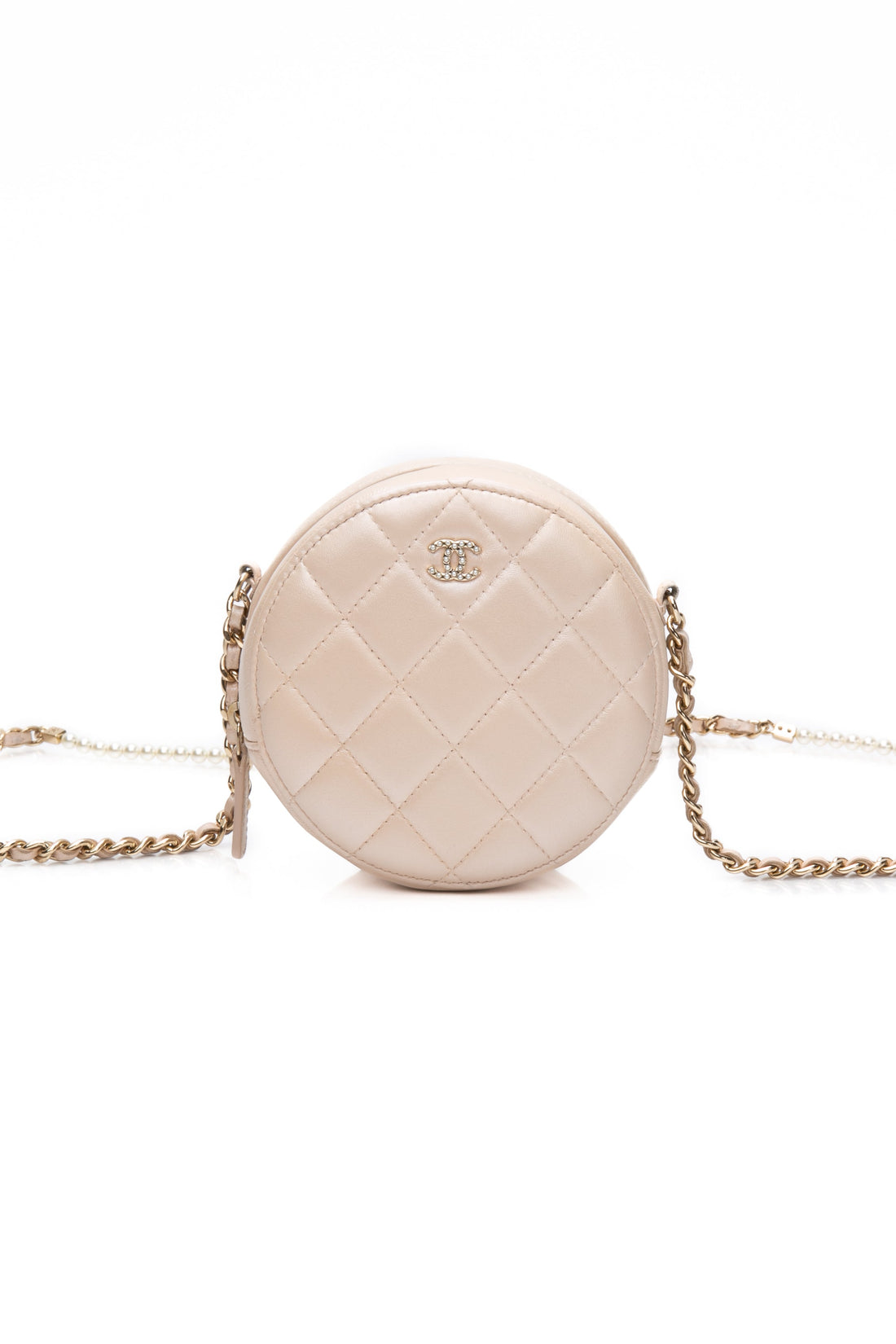 CHANEL Beige Iridescent Calfskin Quilted Round Pearl Chain Crossbody Bag