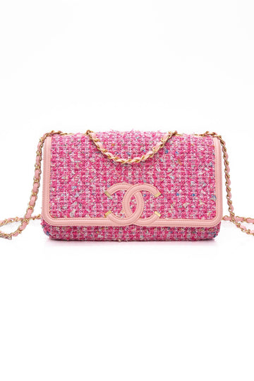 CHANEL Pink Filigree Flap Bag Quilted Tweed Medium