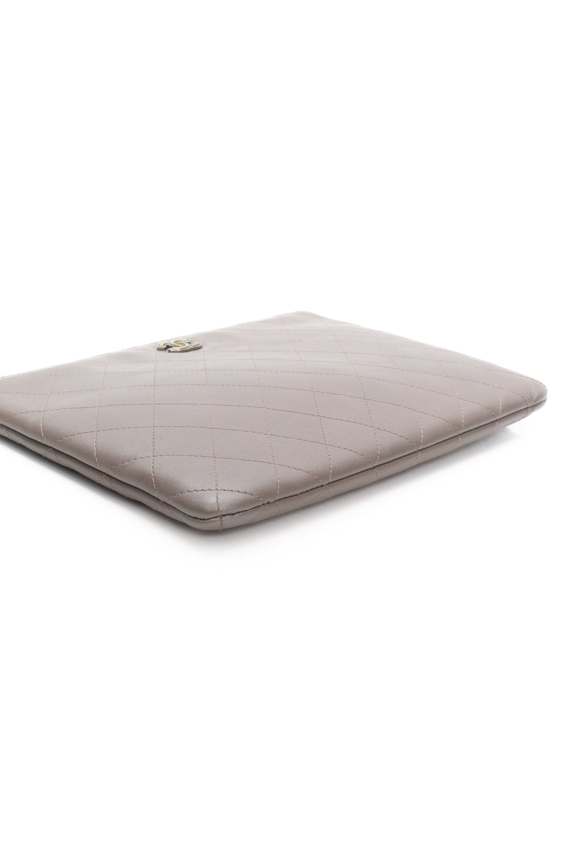 CHANEL Grey Metallic Calfskin Quilted O Case Clutch