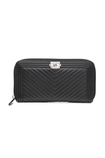 CHANEL Black Calfskin Chevron Zip Around Boy Wallet