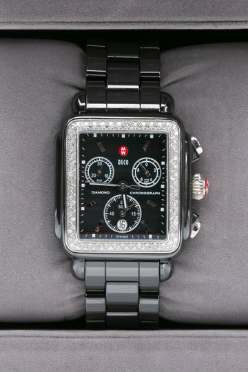 MICHELE Deco Diamond Chronograph Ceramic Black Mother of Pearl Dial Watch