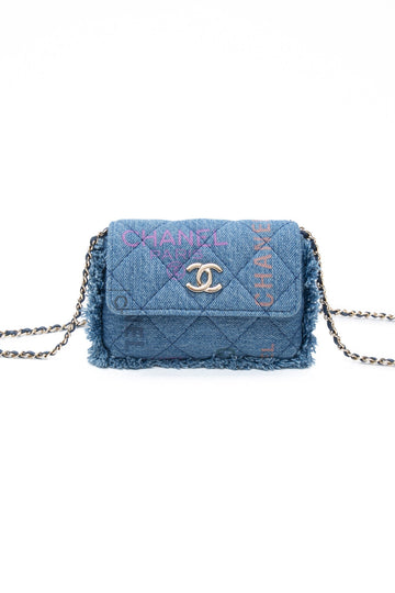 CHANEL 22P Blue Denim Micro Graffiti CC Logo Crossbody