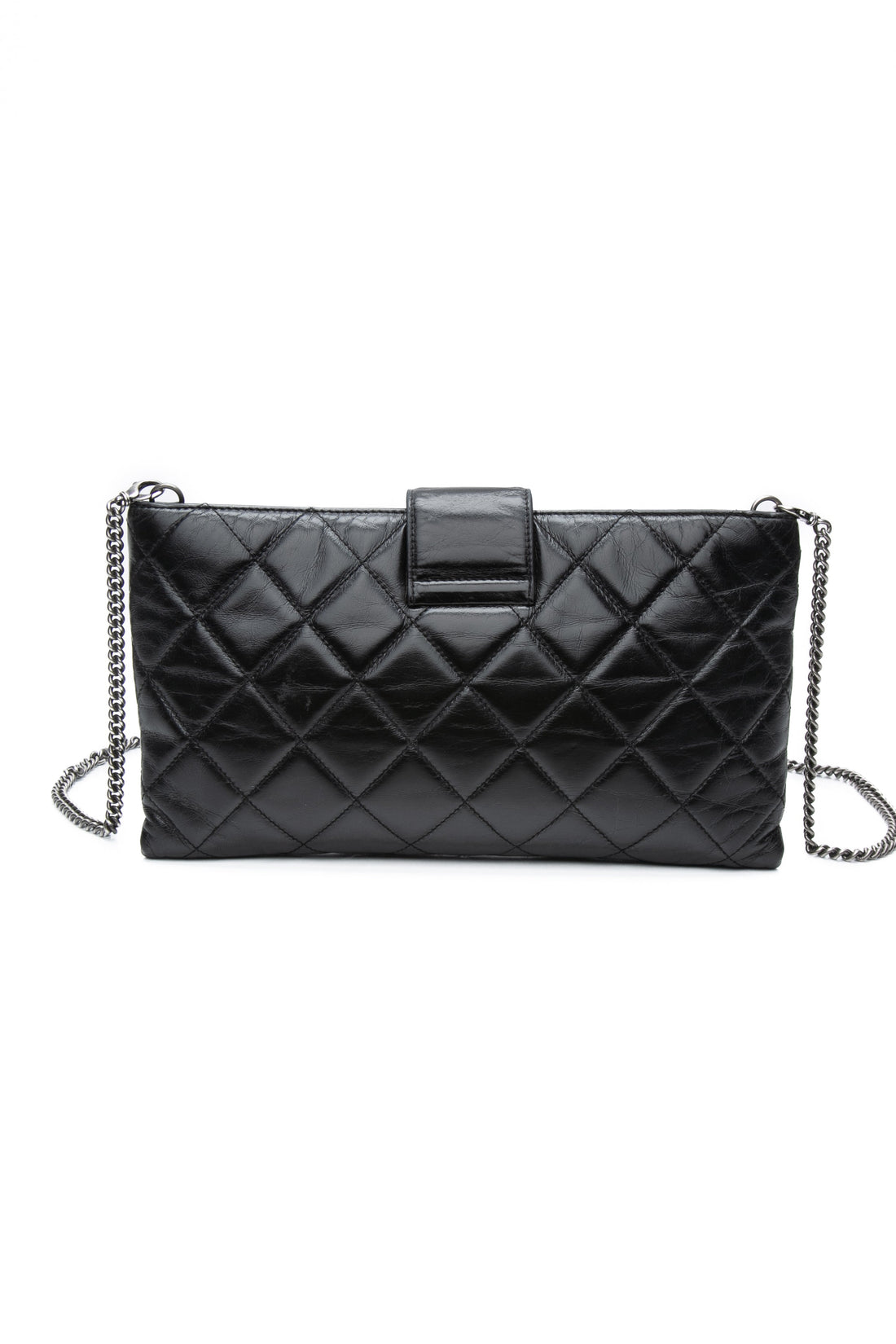 CHANEL Black Glazed Calfskin Quilted Coco Pleats Chain Clutch Bag