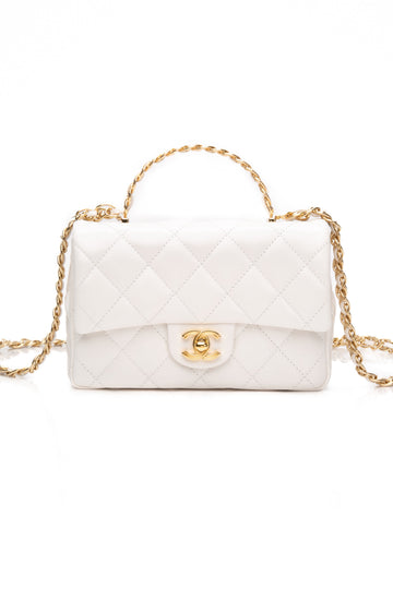 CHANEL Mini White Quilted Calfskin Top Handle Flap Bag with Chain