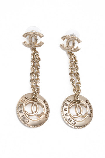 CHANEL Medallion CC Drop Light Gold Earrings