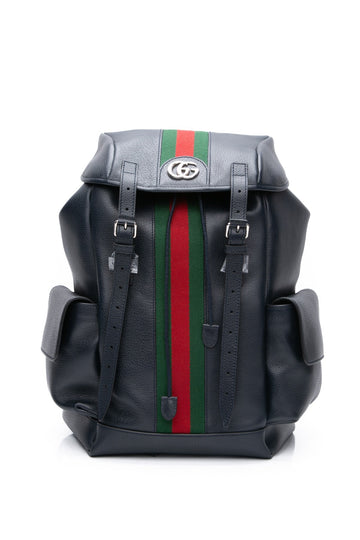 GUCCI Navy Textured Dollar Calfskin Web Medium Ophidia Double buckle Backpack (New)