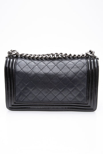 CHANEL Black Goatskin with Patent Quilted Medium Boy Flap Bag