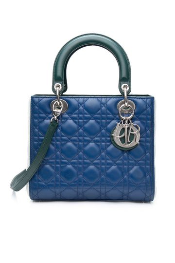 DIOR Tri-color Blue Celeste Deep Green Lambskin Cannage Medium Lady Dior Bag