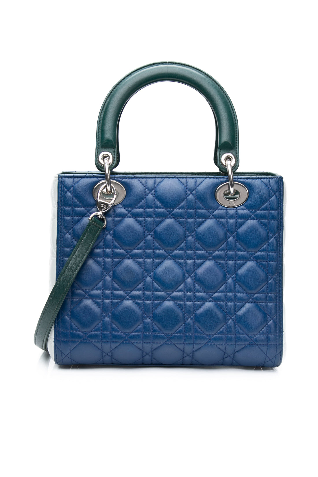 DIOR Tri-color Blue Celeste Deep Green Lambskin Cannage Medium Lady Dior Bag