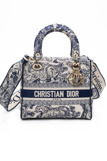 DIOR Blue Toile de Jouy Reverse Embroidery Medium Lady D-Lite Bag