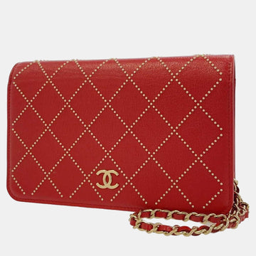 Red Lambskin Crystal Quilted Wallet On Chain WOC