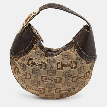 Beige/Ebony Horsebit Print Canvas and Leather Mini Hobo