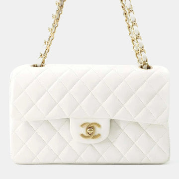 White Caviar Leather Small Classic Double Flap Shoulder Bag