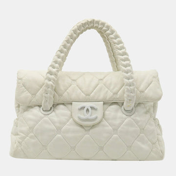 White Lambskin Leather Woven CC Shoulder Bag