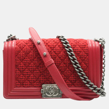 Red Quilted Tweed Lambskin Old Medium Boy Bag