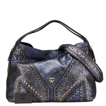 MCM Leather Python Logo Studded Handbag
