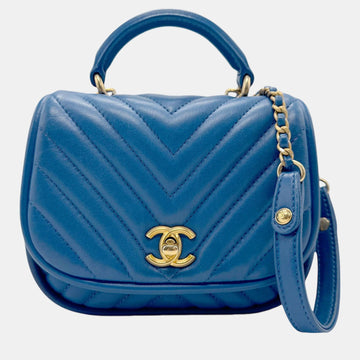 Blue Gold Leather V Stitch Handbag