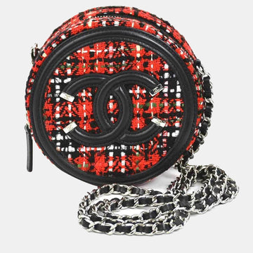 Black/Red Leather Tweed Mini Filigree Chain Shoulder Bag