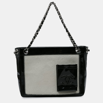 Small Patent and Pony Hair Pocket Tote Bag