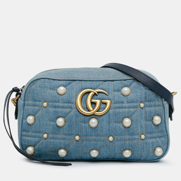 Small GG Marmont Pearl Studded Denim Crossbody Bag