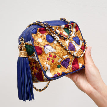 CHANEL 1986-1989 Blue Lambskin Satin Quilted Bijoux Printed Camera Bag