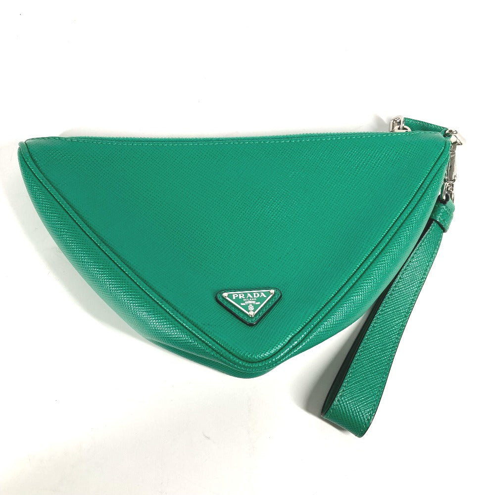 PRADA Clutch bag 2NE054 Safiano leather green Embossed logo Triangle logo plate mens Used
