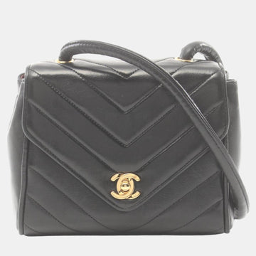 black lambskin V-stitch shoulder bag