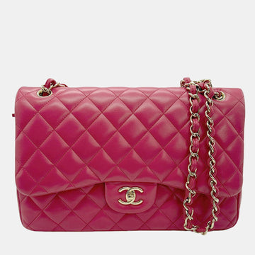 Pink Lambskin Leather Large Classic Double Flap Shoulder Bag