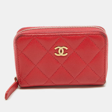 Red Quilted Caviar Leather Zip Around Coin Purse