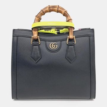 Black Leather Diana Bamboo Small Tote Bag