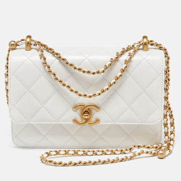 White Quilted Leather Small Flap Shoulder Bag