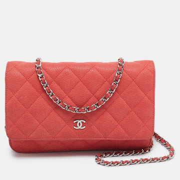 Coral Pink Quilted Caviar Leather CC Flap Wallet on Chain