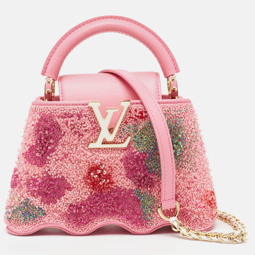 Pink Embroidered Satin Capucines Capushell Mini Bag