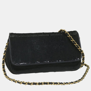 Black Sequin and Synthetic Flap Bag
