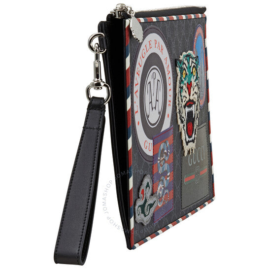 Gucci Night Courrier Large Wrist Pouch CS Supreme Canvas Clutch- Black-Grey