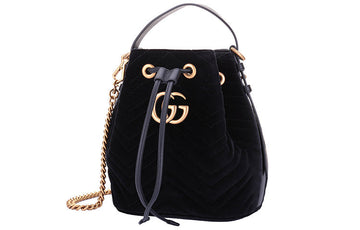 GUCCI VS Marmont Gold Label Logo Velvet Drawstring Bucket Bag Chain Handbag Black 525081-9FRDT-1000