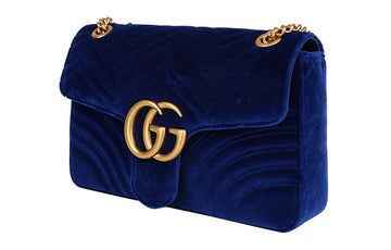 GUCCI VS Marmont Gold Label Logo Distress Velvet Chain Shoulder Messenger Bag Navy Blue 443496-K4D2T-4511