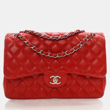 Red Lambskin Leather Jumbo Classic Double Flap Shoulder Bag