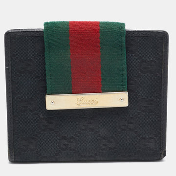 Black GG Canvas and Leather Web Flap French Wallet