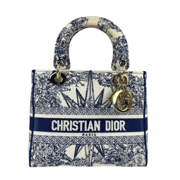 Christian Dior Handbag Shoulder Bag D-LITE Medium Canvas White Navy Gold Women's z5317