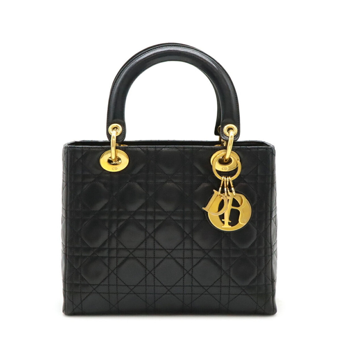 Christian Dior Lady Cannage Handbag Tote Bag Lambskin Leather Black