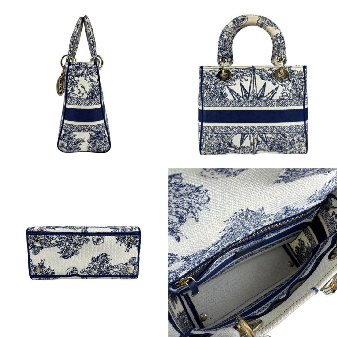 Christian Dior Handbag Shoulder Bag D-LITE Medium Canvas White Navy Gold Women's z5317