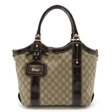 GUCCI VS Supreme Ribbon Tote Bag Shoulder PVC Patent Leather Khaki Beige Dark Brown 203521