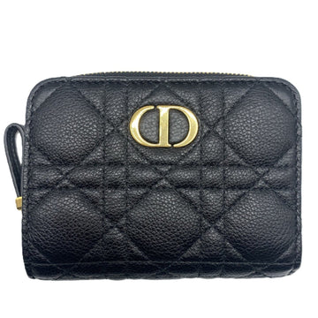 Christian Dior Bi-fold Wallet Caro Cannage Leather S5032UWHC Compact Black Women's